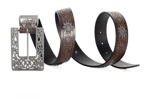 Image of Adjustable Vintage Western-Belts for Women Men Engraved Buckle-Belts Cowboy-Cowgirl-Belt (Waist for 29 inch-39 inch)