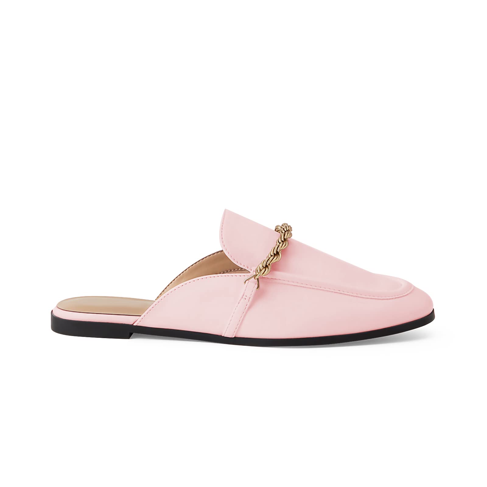 Womens Mules Flats Slip on Chain Low Heel Closed Toe Backless Loafers Sandals Pink