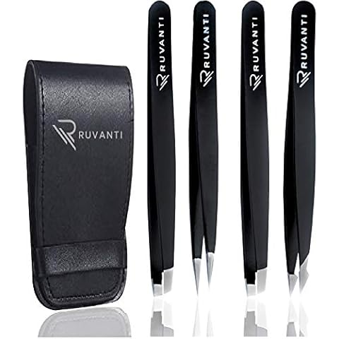 Ruvanti-4 Piece Professional Stainless Steel Tweezers Set - Eyebrow Tweezers, Slant tip, Pointed & Straight Best Precision Tweezers for Facial & Ingrown Hairs, Splinter & Hair Removal Tweezer (Black) Cover