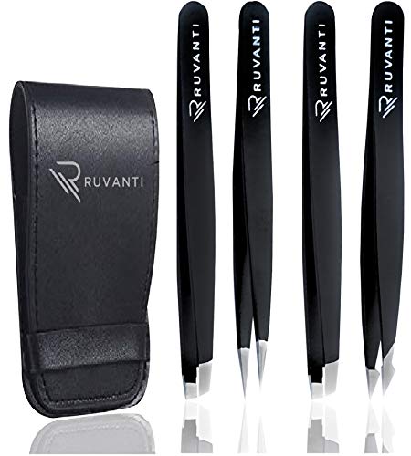 Ruvanti Tweezers 4 Pieces Set for Men/Women - Best for Plucking Eyebrow Facial & Ingrown Hairs, Slant Tip Pointed Straight & Precise - Black