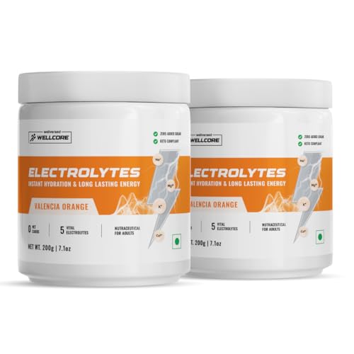 Wellcore Electrolyte Powder (80 Servings, 400gm) | Valencia Orange | Drink With 5 Vital Electrolytes: Na, Mg, Ca, K, PO4 | Sugar Free Electrolyte | Instant Energy & Hydration Solution | Pack of 2