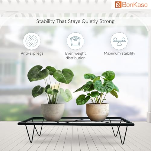 Image of BonKaso Heavy Duty Rectangle Plant Stand: 60.9X 20.3 x 12.7 cm, Black - Set of 4, Modern Design for Indoor & Outdoor Use, Sturdy, Anti-Rust Planter Stand for Garden, Balcony, Patio