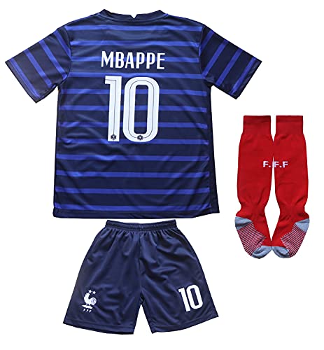 2021 France #10 Kylian Mbappe Home Blue Kids Football Soccer Jersey/Shorts/Socks Kit Youth Sizes (Mbappe Blue, 26)