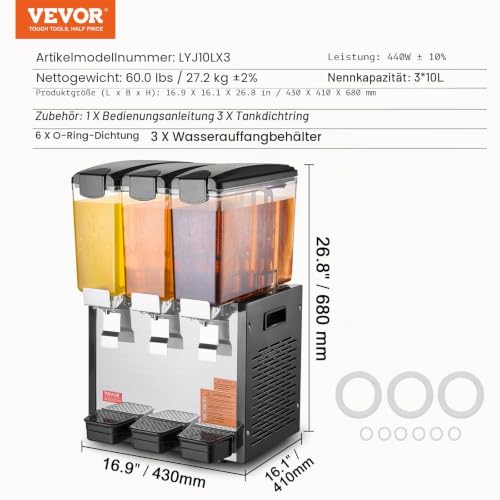 VEVOR kommerzieller Getränkespender mit 3 Tanks, Saftspender 10 L (pro Tank), 440 W Edelstahl Eistee-Getränkeautomat mit 7–12 °C Kühltemperatur, für Kaltgetränke Restaurant Bar Party Buffet Catering