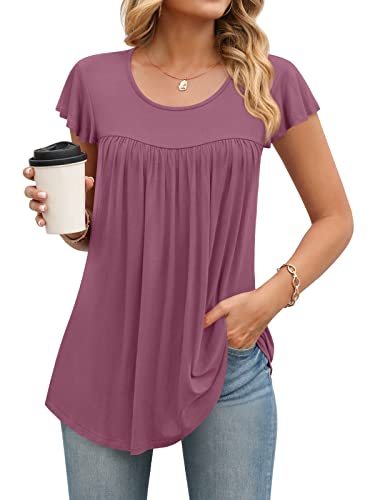 Anymiss Ladies Summer Tops Casual Short Sleeve Tunics Soft Flowy Blouse Dressy Tshirts Purple Red L #TOP1