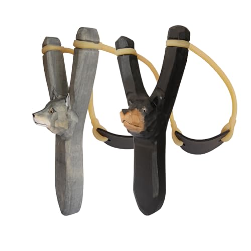 WJDLM 2PCS Wood Handmade Carved Animal Head Rubber Slingshot Toy Decor Gift Real Wood (Black Bear, Wolf)