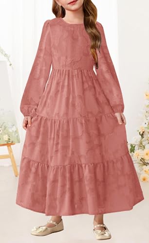 MITILLY Girls Fall Long Sleeve Dress Boho Flower A-Line Ruffle Tiered Flowy Maxi Dresses for Wedding Party 6-12 Years2