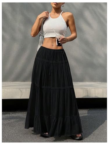 SHENHE Women's Elastic High Waisted A Line Pleated Shirring Midi Long Skirt4