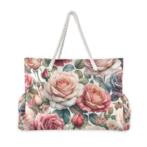 OTVEE Watercolor Rose Pattern Beach Bags for Women Ladies Large Canvas Tote Shoulder Bag Waterproof Travel Bags for Gym Swim Pool Camping2