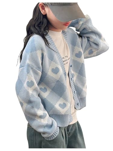 Floerns Girl's Cute Heart Print Long Sleeve Open Front Cardigan Sweater Button Up V Neck Knitted Outerwear