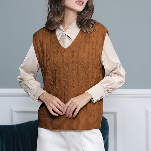 Chaleco de punto para mujer con cuello en V con rombos marrón L 2