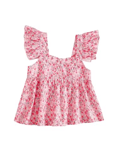 Girl's Floral Ruffle Blouses Shirts Cap Sleeve V Neck Babydoll Peplum Tops Cute Summer Clothes