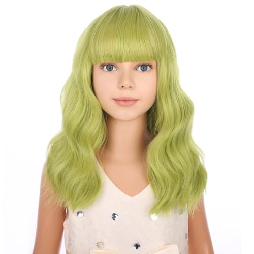 Image of PATTNIUM Olive Green Wig for Kids Child Short Curly Wavy Green Wig Matcha Green Wigs Girls Shoulder Length Synthetic Wigs