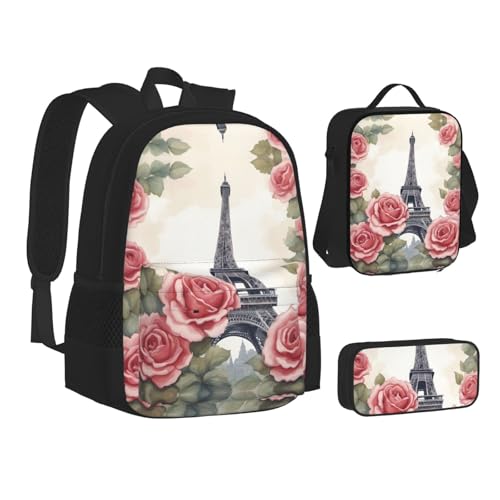 Eiffel Tower Rose Flower 3-Piece Set Backpack, Lunch Bag, And Pencil Case, Casual Cute Sets For Travel And College2