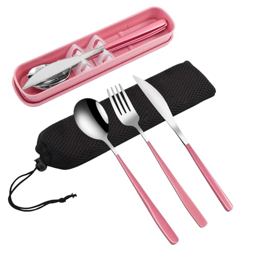 VANRA 3-Piece Portable Travel Utensils Set with Case 18/8 Stainless Steel Flatware Set Reusable Cutlery Set with Fork Spoon Knife for Lunch Travel Camping School Work Picnic (Pink)