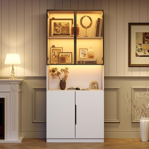 Merax LED Glasvitrine 200 cm Hoch – Moderne Standvitrine mit Glastüren & Aluminiumrahmen, Vitrinenschrank mit verstellbaren Regalen, Multifunktionsschrank für Wohnzimmer, Weiß 80×30×200 cm