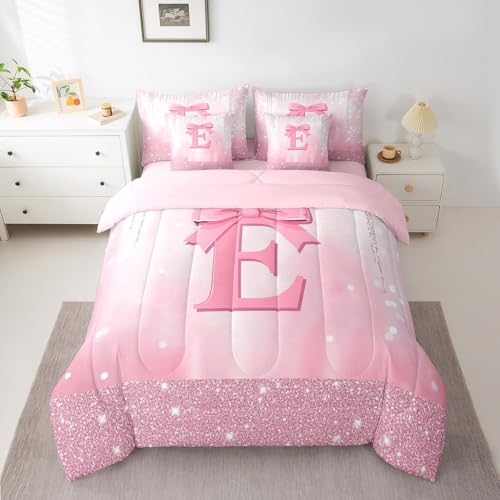 Image of Feelyou Kids Pink Bowknot 7 Pieces Bedding Set Queen Size, Personalized Initial E Bed in A Bag Princess Glitter Comforter Set with Sheets Boys Girls Bow Alphabet Teens Bed Set Bedroom Decor 7Pcs