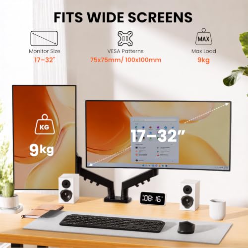 Image of STAR WORK Dual Monitor Mount for 13-32 inch Inch Screens, Adjustable Gas Spring Monitors Arm Desk Stand with C-Clamp & Grommet Base, Motion 360 Swivel & Tilt, Supports 19.8 lbs (Dual Black Monitor Arm)