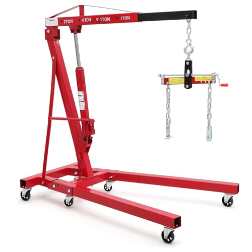 Image of GarveeTech 2 Ton Folding Hydraulic Engine Hoist with Load Leveler 4400 LBS Capacity Heavy Duty Cherry Picker 6 Swivel Wheels&Hydraulic Pump Adjustable Boom (0.5T-2T) for Garage Workshop Warehouse Red