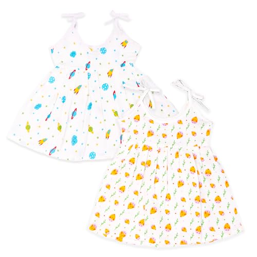 Image of Kidbea Extra Soft Muslin Cotton Frock Cloth for Baby Girl | Space and Mickey Print Pack of 2 for 3 to 6 Months
