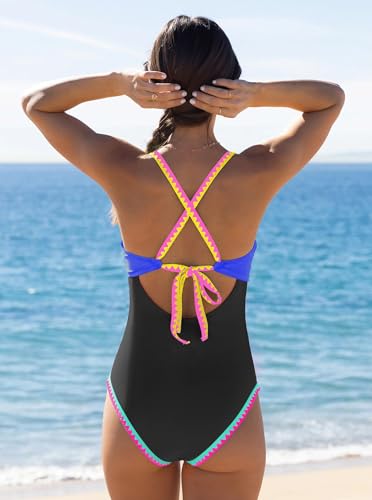Image of popvil Women One Piece Swimsuit Colorblock Ruched Bathing Suit | Adjustable slider straps, Multi neon trim, Long torso, Detachable padding, Quick dry fabric, Beach Vacation