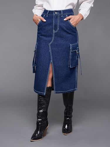 Image of Miss Chase Women's Straight High Rise Midi Denim Skirt (MCAW25DEN62-73-982-34, Desert Blue, 34)