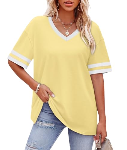 Image of WIHOLL Womens T Shirts Loose Fit Short Sleeve Tees V Neck Color Block Summer Tops 2026 Fashion S-4XL