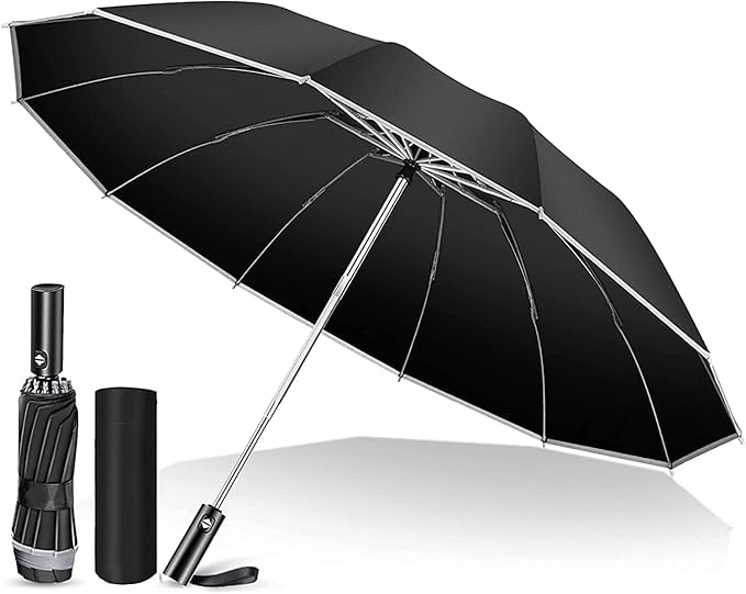 Umbrella with Fiberglass Ribs, Auto Open/Close Reinforced Windproof Folding Umbrella with Anti-UVCoating, Travel Umbrella, Reflective Stripes for Night Safety, Black-image-12