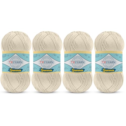 Image of TROYARN Summer (4- Skeins Pack) Silk Effect Hand Knitting Yarn Crochet Art Lace Craft 100% Microfiber Acrylic 4x100 gr (4x383 yds) (105001 - Cream)