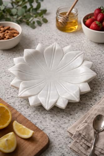 Image of Art Marble Bowl Pot, Lotus Bowl, Lotus Pot Decorative Showpiece - 9 inch Length and 2 inch Depth (Marble, White)