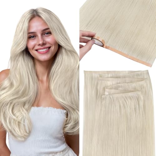 Image of GOO GOO Tape In Weft Hair Extensions Human Hair, Genius PU Long Weft Tape In Hair Extensions Real Human Hair, Silky Easy to Use, 60A Platinum Blonde 14 inch 50g