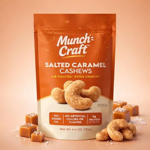 Image of Munch Craft Gourmet Salted Caramel Cashews - Perfectly Balanced Flavor (Buttery Caramel & Sea Salt) - Extra Crunchy Air-Roasted Nuts, Oil-Free - No Artificial Colors or Flavors - 4.4 oz (125g) Resealable Bag