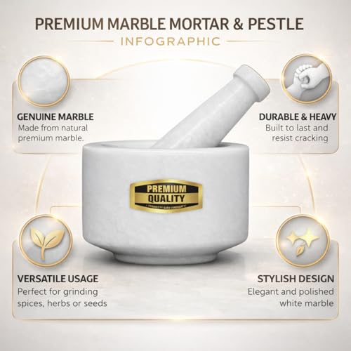 Image of JMH Marble Handmade Stone Mortar and Pestle Set | Ohkli Musal /Kharal khalbatta for Medicine, Spices Grinder Masher (White, 3 Inch)