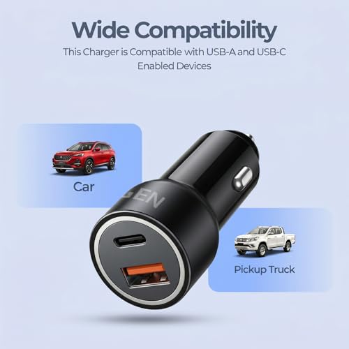 Image of UNIGEN 125W Dual Port Car Charger | 80W + 45W Fast Charging | USB-C & USB-A Car Adapter | Charging Adapter Compatible with Cars for iPhone & Android Smartphone, Smartwatch, Earbud, Power Bank (Black)