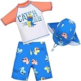 Boy Swim Trunks and Rash Guard Sets Sun Hat Skateboarding Dinosaur Print UPF 50+ Bathing Suit Swimwear