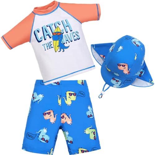 Boy Swim Trunks and Rash Guard Sets Sun Hat Skateboarding Dinosaur Print UPF 50+ Bathing Suit Swimwear
