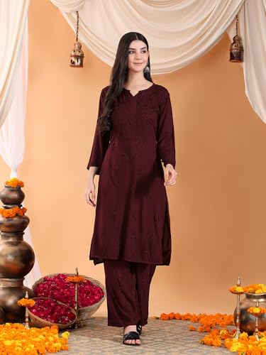 Image of POSHAK CHIKAN STUDIO Women's Hand Embroidered Lucknowi Chikankari Rayon Co-ord Set