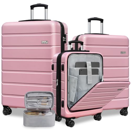 Image of KEYTANG SmileLine 3-Piece Luggage Set Lightweight Hardside Suitcase TSA Lock Spinner Wheels, 20 inch Expandable Carry-On Luggage with Quick Access Front Open Pocket, Bonus Makeup Bag,Pink