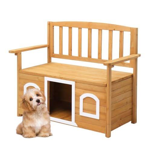 Image of VINGLI Outdoor Storage Bench with Built-in Dog House, 2-in-1 Outdoor Waterproof Patio Bench with Pet Kennel for Patio Backyard Porch (Natural)