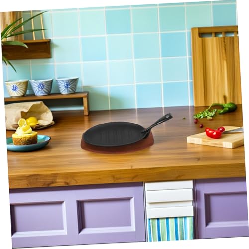 Cabilock Cast Iron Baking Pan Fajita Plate for Home Barbecue Catering Wooden Tray Sizzling Steak Plate Iron Cast Frying Pan - Image 7