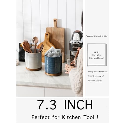 Image of Utensil Holder, 360 Rotating Extra Large Ceramic Kitchen Utensil Holder for Countertop, 7.3 inch Cooking Utensil Crocks for Kitchen Counter with Rotatable Wooden Base, Farmhouse Decor, Dusty Blue