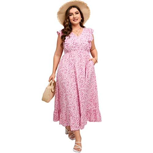 KOJOOIN Women's Plus Size Summer Dress with Pocket Ruffle Cap Sleeveless V Neck Side Split Long Beach Maxi Dress, XX-Large, Pink Red Flower-1