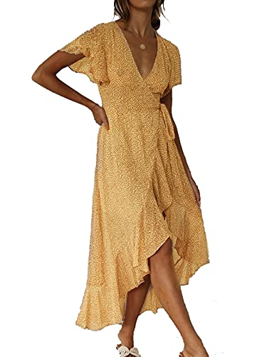 ABINGOO Vestido Mujer Verano Playa Fiesta Vacaciones Largo Vestidos Cóctel Bohemio con Cinturón,Amarillo,XXL Cover
