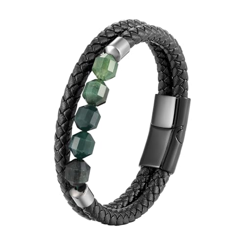 Mens Leather Bracelet Braided Tiger Eye/Moss Agate/Black Onyx Protection Healing Stone Bead Bracelet for Men Stainless Steel Clasp Cuff Bracelets Jewelry