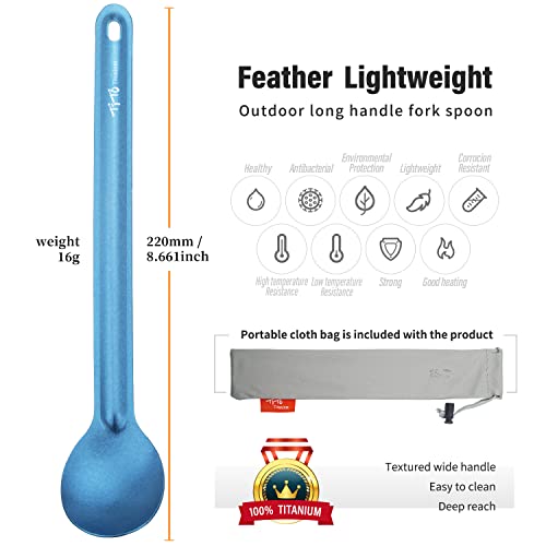 TiTo Titanium Long Handle Spork and Spoon Eco-Friendly Ultralight Portabale Flatware for Outdoor Camping Backpacking Hiking Travel Picnic Tableware with Bag(2pcs Blue) - Image 2