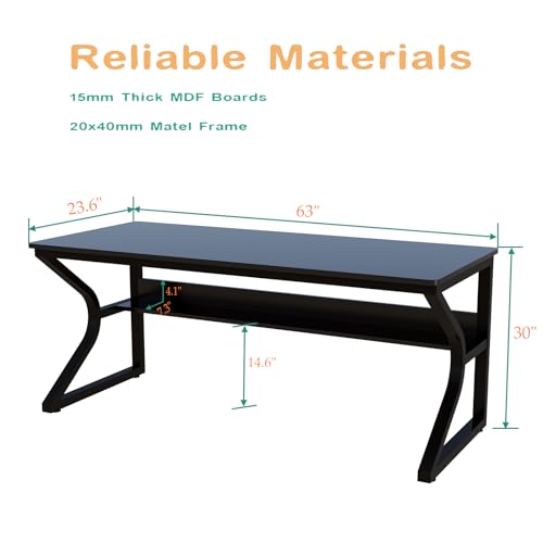 Extra Long Desk with Bookshelf - 63" Double Long Writing Table for 2-Person Workstation, Modern Study Work Computer Desk for Home and Office, Black - Image 3