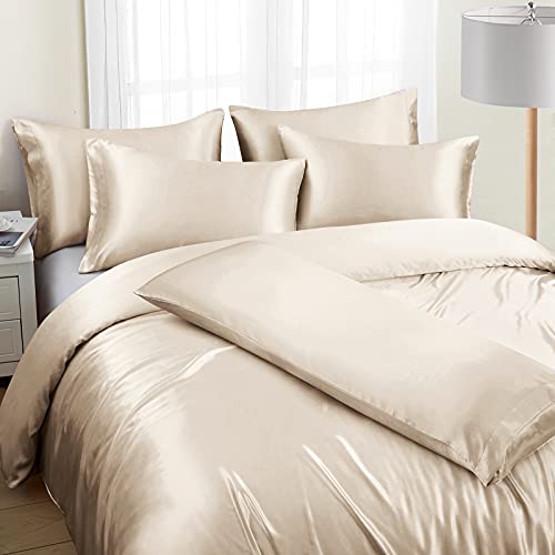 Image of Ersmak 6 Pieces Satin Duvet Cover Full /Queen Size Luxury Silky Bedding Duvet Cover Set with 1 Soft Duvet Cover, 4 Queen Pillowcases and 1 Body Pillowcase, Beige