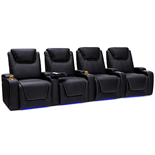 Seatcraft Pantheon Black Italian Leather Home Theater Seating, Powered Headrest and Lumbar Power Recliner, Gaming and Home Office Chair, Lounge Sofa Furniture for Family Cinema Room, Row of 4