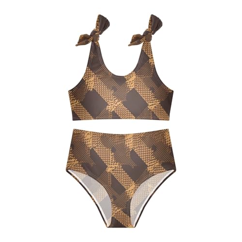 KLL Brown Houndstooth Girls 2 Piecing Bikini Set Scoop Neck Swimsuits Swimming Suits Adjustable Strap3