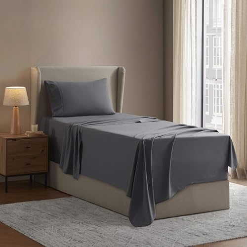 Image of Nestl Twin Bed Sheet Set - Dark Grey - 3-Piece Deep Pocket | Instantly Soft, Night-One Ready (No Wash Required). Fits 16-Inch Deep Pockets, 360-Degree Elastic Grip